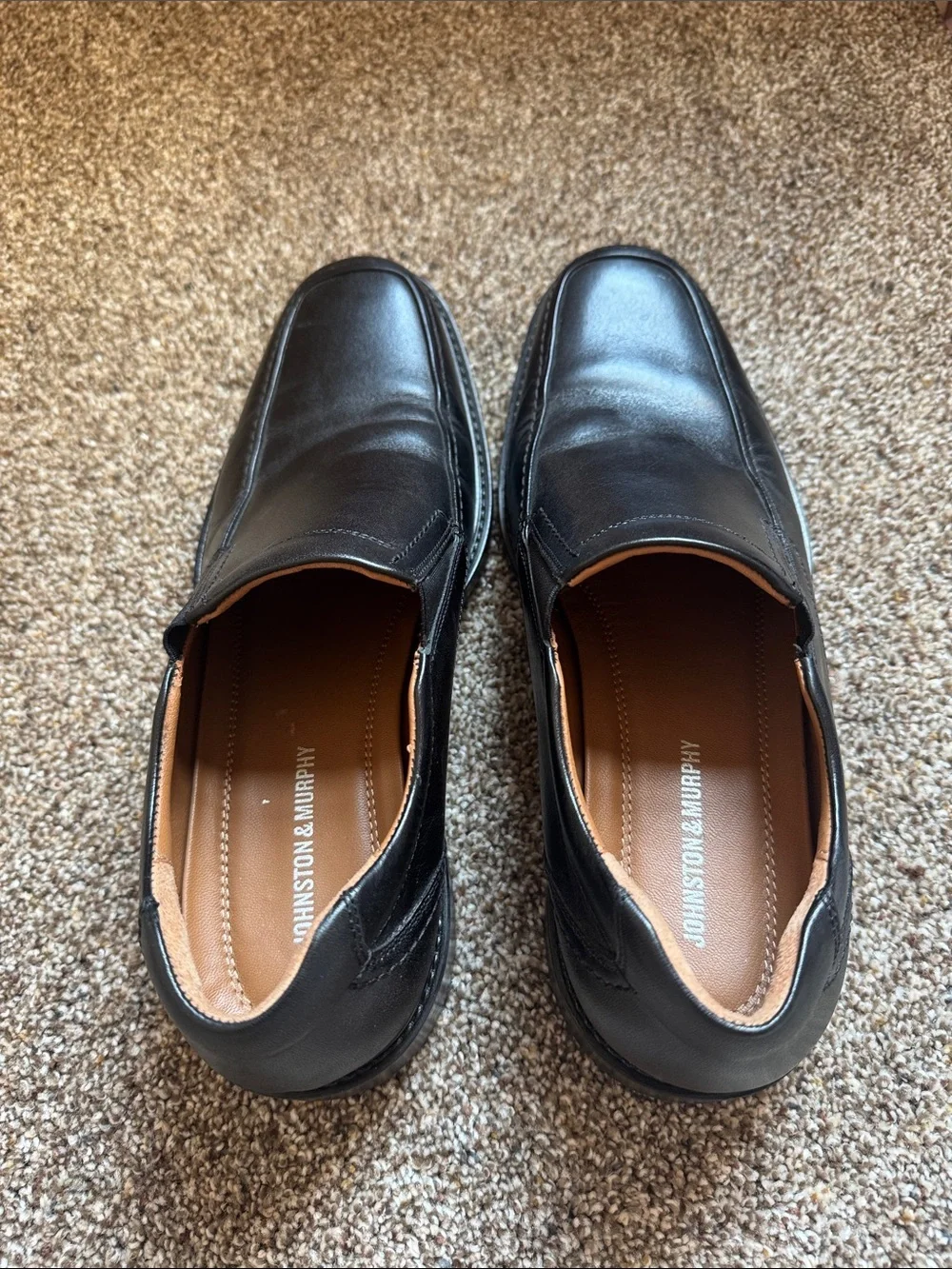 Johnston & Murphy Black Leather Slip-On Loafers with Tan Interior